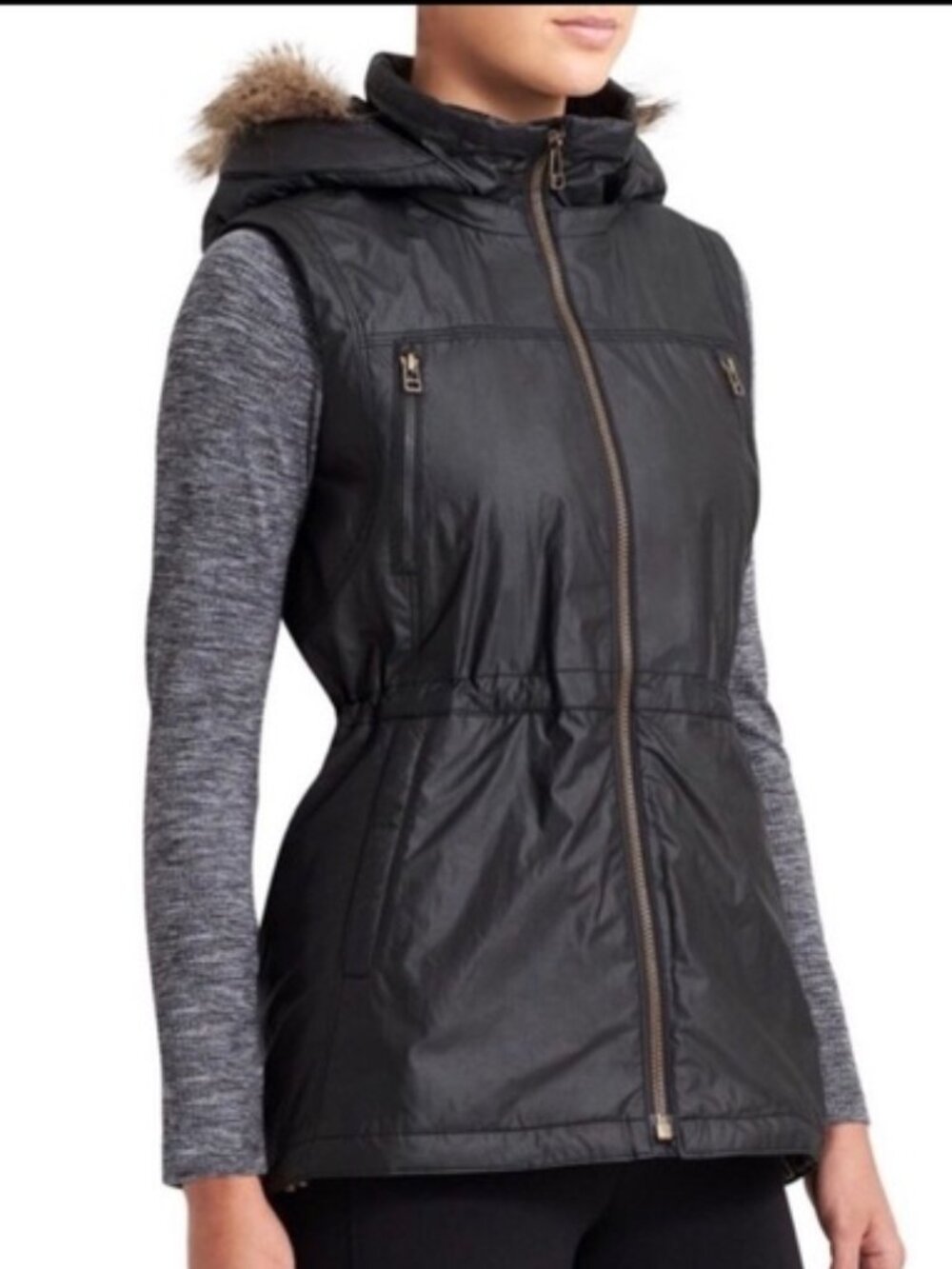 Athleta Black Vest with Fur Lined Hood